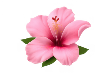 Pink hibiscus flower blooming with vibrant petals and green leaves, tropical botanical illustration on transparent background