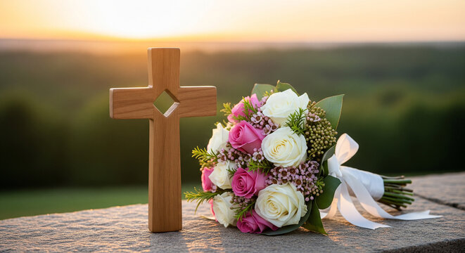 Una cruz de madera junto a una vela encendida y un ramo de flores sobre una losa de piedra