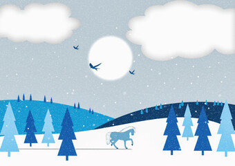 Obraz premium Majestic blue horse in a serene winter vector landscape, surrounded by snowy hills, blue pine trees, white clouds, and flying birds under a full moon, illustrating a peaceful seasonal scene.