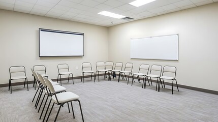 Natural and Realistic Office Training Space with Simple Chairs and Whiteboard, Calm Corporate Education Interior in Neutral Tones, No People