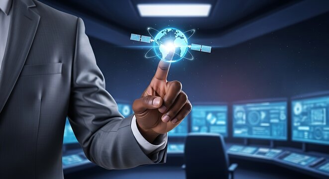 A professional in a suit interacts with a glowing holographic globe and satellite display symbolizing global connectivity - Powered by Adobe