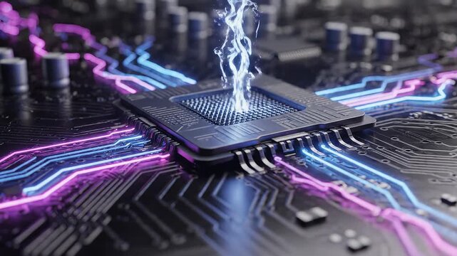 Circuit board with glowing neon lines