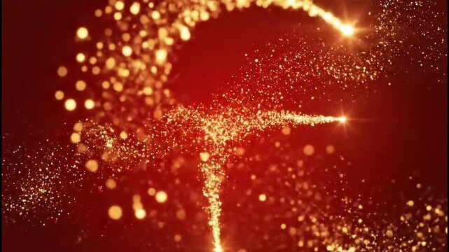  Red background animation with golden particles moving left to right, rising upward, scattering to corners with elegant shimmer, smooth cinematic flow"