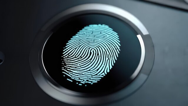 Close-up of a glowing blue fingerprint scanner for biometric security. - Powered by Adobe