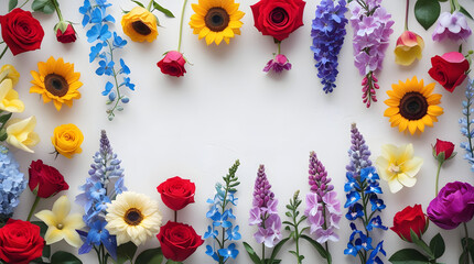 Assorted vibrant flowers still life on white background featuring red roses yellow sunflowers blue delphiniums and purple lilacs arranged in a harmonious serene composition highlighting natural beauty