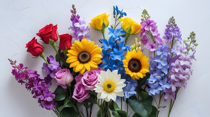 Assorted vibrant flowers still life on white background featuring red roses yellow sunflowers blue delphiniums and purple lilacs arranged in a harmonious serene composition highlighting natural beauty