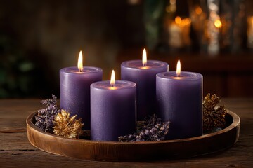 A traditional Advent arrangement is presented where four purple candles stand illuminated, mystery lights are woven softly through the scene, subtle highlights appear on wax surfaces 