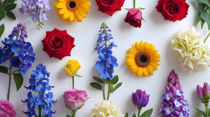 Assorted vibrant flowers still life on white background featuring red roses yellow sunflowers blue delphiniums and purple lilacs arranged in a harmonious serene composition highlighting natural beauty