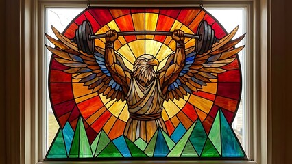 Majestic stained glass panel depicting a muscular eagle heroically lifting a heavy barbell above stylized mountain peaks