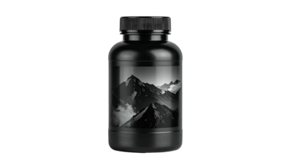 A monochrome product shot featuring a black cylindrical bottle with mountain artwork