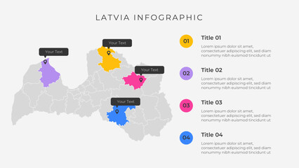 Latvia map infographic template with 4 options. Latvia political map infographic for presentation.