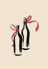 Minimal Ink Wine Bottle Illustration with Red Ribbon