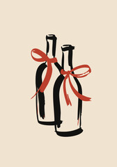 Minimal Ink Wine Bottle Illustration with Red Ribbon