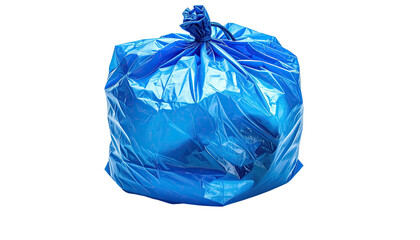 Fototapeta premium A knotted, transparent blue trash bag filled with unseen objects, isolated on a black background