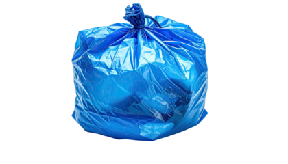 A knotted, transparent blue trash bag filled with unseen objects, isolated on a black background