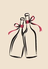 Minimal Ink Wine Bottle Illustration with Red Ribbon