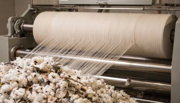 Medium shot of recycled cotton fiber yarn spinning showcasing soft lines transforming textile waste into ecofriendly cotton yarns for sustainable garment production.