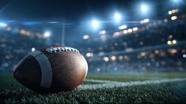 Close-up of American football on grass field in stadium at night with illuminated spotlights and bokeh background
