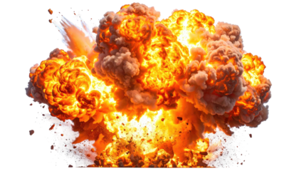 A large, fiery explosion against a transparent background, showcasing immense power and destruction