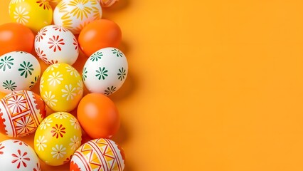 Vibrant Orange Easter Flat Lay: Patterned Eggs Border on Orange Background with Copy Space