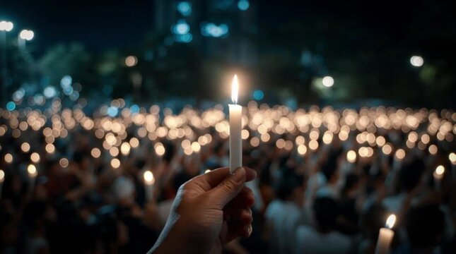 A poignant candlelight vigil where a single flame unites a vast crowd in shared remembrance and hope at night