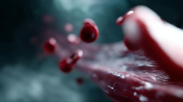 blood cells moving through a curved blood vessel, glowing red erythrocytes suspended in plasma, dramatic lighting with soft highlights and motion blur, fut