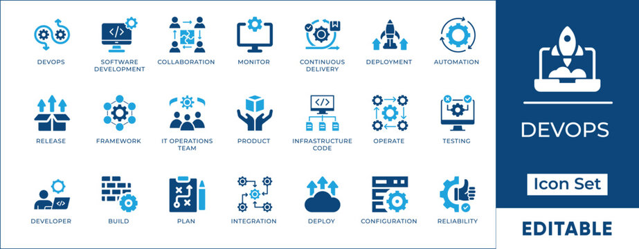 DevOps Cycle Icon Set - Agile Software Development and Automation Symbols.