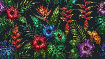 Vibrant tropical floral pattern design featuring colorful hibiscus and lush foliage rendered in a striking stained glass texture