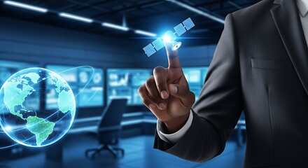 A professional interacts with a glowing satellite hologram representing global connectivity and technological advancements in a modern office