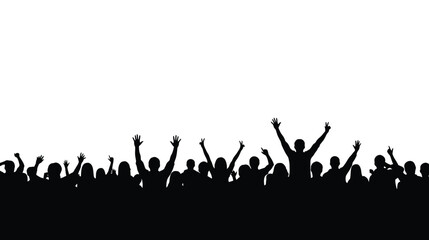 Silhouettes of an energetic crowd with raised hands celebrating a vibrant event