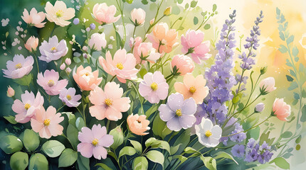Vibrant floral watercolor background with freshly picked pastel blossoms in pale pink, soft peach and gentle lavender, surrounded by lush green foliage, morning dew highlights, warm sunny mood and ser