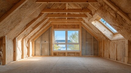 Interior view of unfinished attic space with exposed wooden beams, insulation, window & skylight, natural light streams