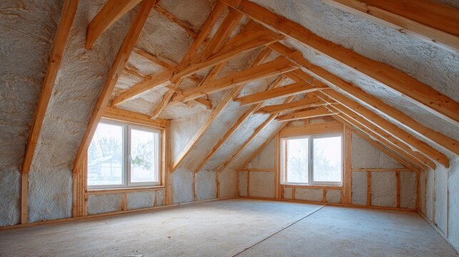 Interior perspective of an attic space with wooden beams, insulation, and windows, capturing natural light and structural elements