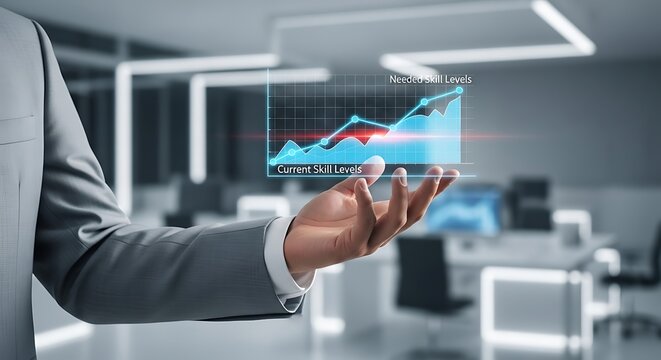 A business professional interacts with a holographic display showing financial growth and data analysis in a modern office - Powered by Adobe