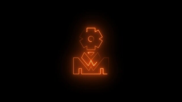 Glowing Orange Gear Cog with Down Arrow on Dark Background Technology Concept cog down arrow neon light