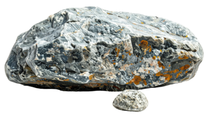 A large gray and orange mottled rock next to a smaller, similar-looking rock