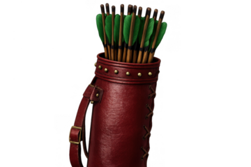 Quiver holding archery arrows with green fletching, crafted from red leather, featuring strap and brass rivets, on transparent background