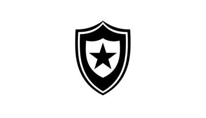 A monochrome shield featuring a star within, stark white outline on a pitch-black backdrop