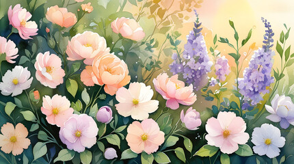 Vibrant floral watercolor background with freshly picked pastel blossoms in pale pink, soft peach and gentle lavender, surrounded by lush green foliage, morning dew highlights, warm sunny mood and ser