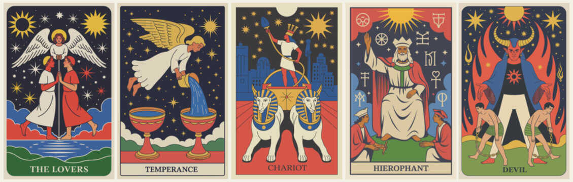 Set of five tarot cards&mdash;The Lovers, Temperance, Chariot, Hierophant, Devil&mdash;featuring detailed vintage art nouveau illustrations.