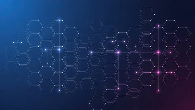 Futuristic network connections with glowing hexagons on dark blue background - Powered by Adobe