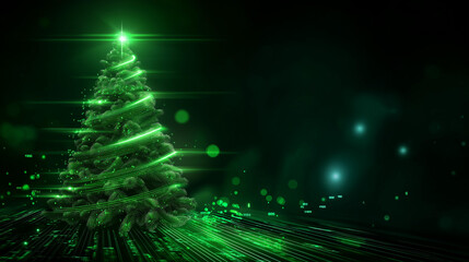 Futuristic glowing green holiday tree visualization, digital electronic programming neon code with green lines and dots, science and technology, glowing rays with flickering