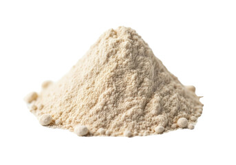 Obraz premium Extreme close-up of an irregular mound of light beige powder, with granular texture, against transparent with high-key lighting, concept of high-quality culinary ingredient