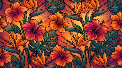 Vibrant tropical floral pattern featuring hibiscus and birds of paradise rendered in a dramatic stained glass style