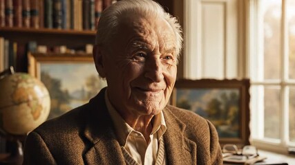 Senior man in a library smiles as he recalls fond memories from his long life, soft lighting