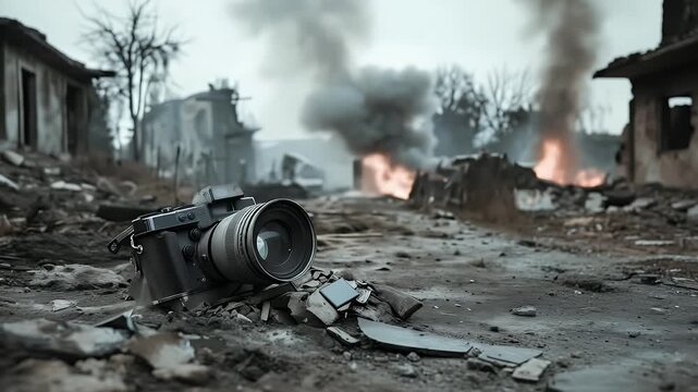A camera lies abandoned on rubble strewn war torn street with burning buildings