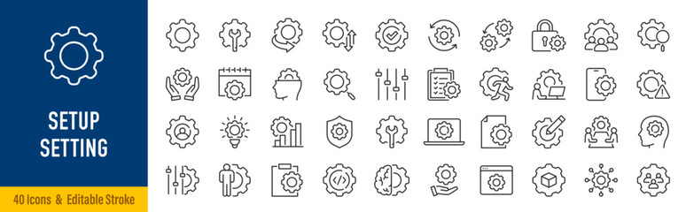 Fototapeta na wymiar Setup and Settings web icons in line style. Options, download, update, configuration, gears, optimization, collection. Editable stroke. Vector illustration.