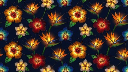 Vibrant tropical flower pattern with colorful hibiscus and plumeria
