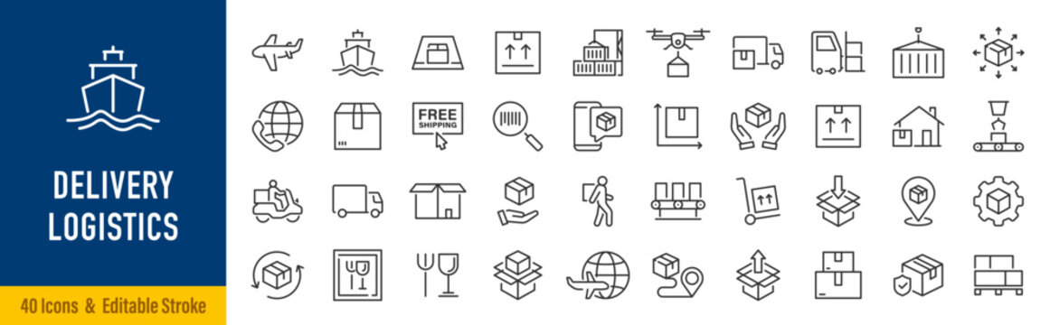 Delivery and logistics web icons in line style. Courier, shipping, express delivery, warehouse, truck, scooter, container, tracking order, support, business. Editable stroke. Vector illustration.
