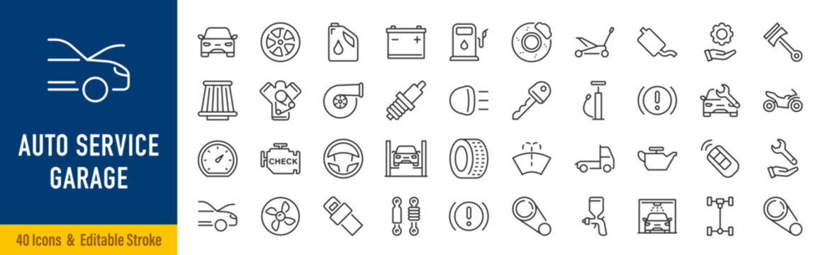 Auto service and garage web icons in line style. Car, automobile, wash, shop, oil, maintenance, engine, diagnostic, rapair, tire. Editable stroke. Vector illustration.